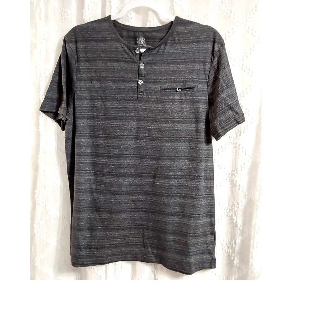 Rock & Republic Mens Large Gray Space Dye Short Sleeve Henley Shirt Pocket Tee